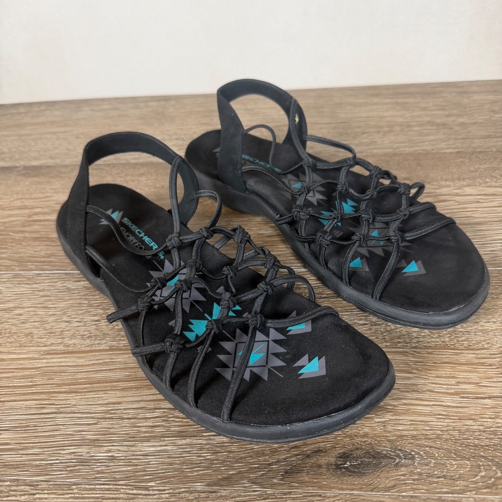 Skechers Reggae Slim Forget Me Knot Sandals Womens 10 Black Strappy Memory Foam